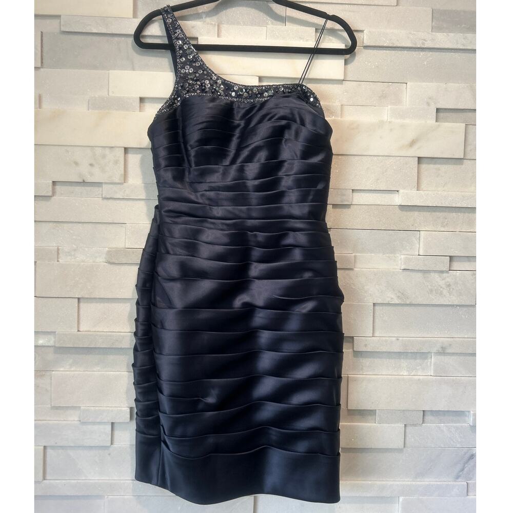 ADRIANNA PAPELL Satin Midnight Blue Sequin Pearl Bead One Shoulder Pleat Dress 6